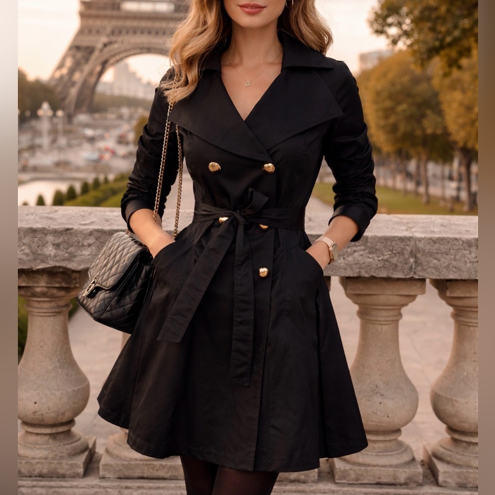 Vertigo Paris Black Trench Coat Dress Gold Buttons XS Parisian Chic